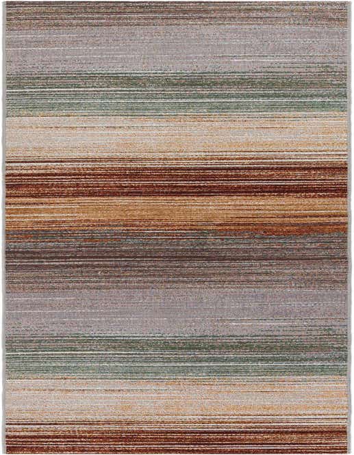 A 10 Ft runner rug with a modern striped pattern in shades of brown, green, beige, and grey, suitable for a hallway or patio.