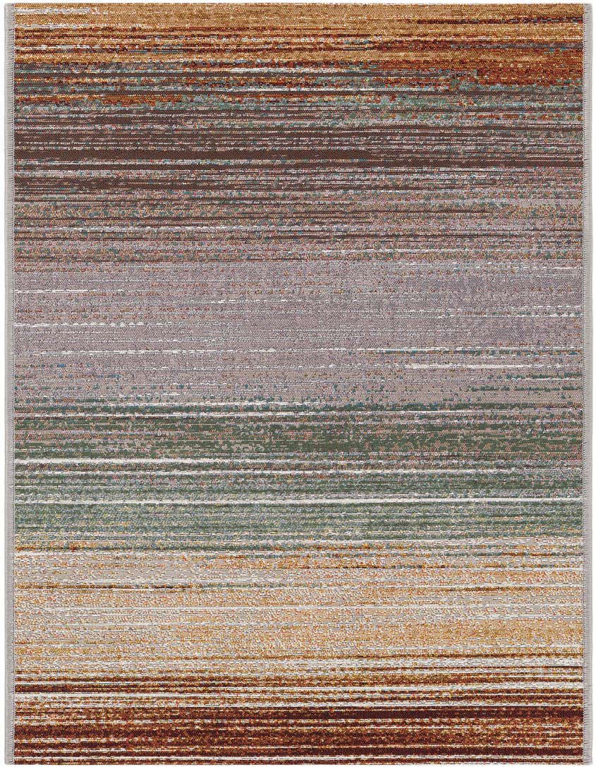 A 5 ft runner rug featuring a modern striped pattern in multi-colored hues, suitable for a hallway or patio.