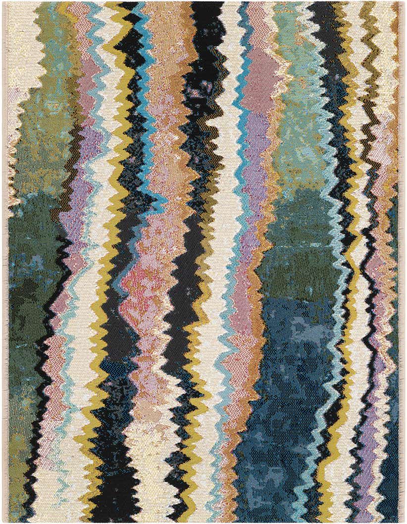 A 5 ft runner rug with a modern multi-colored abstract pattern featuring wavy vertical stripes in various hues.