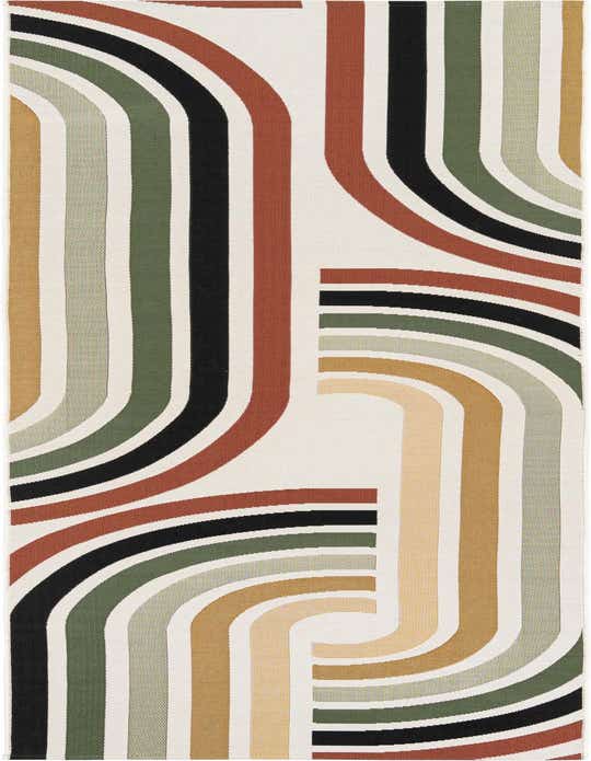 A 10 ft runner rug with a modern abstract pattern of multi-colored curved and straight stripes on a cream background, suitable for a hallway or patio.