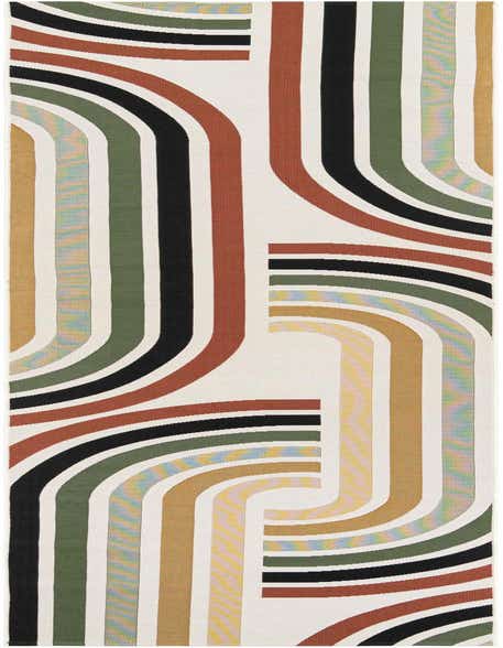A 12 ft runner rug with a modern abstract pattern of thick, curved stripes in black, green, rust, gold, and multi-colored pastel arcs on a cream background.