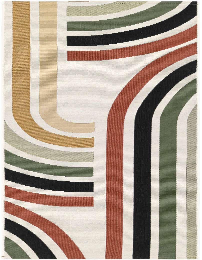 A 5 ft runner rug with a modern abstract pattern of curved and straight lines in multi-colors including black, rust, olive green, and beige on a cream background.