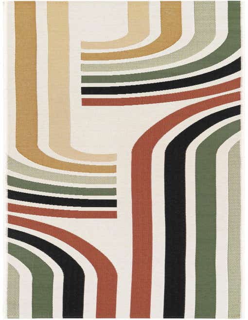 A multi-colored 8 ft runner rug with a modern abstract pattern of curved and straight lines in rust, black, olive green, and gold on an off-white background.