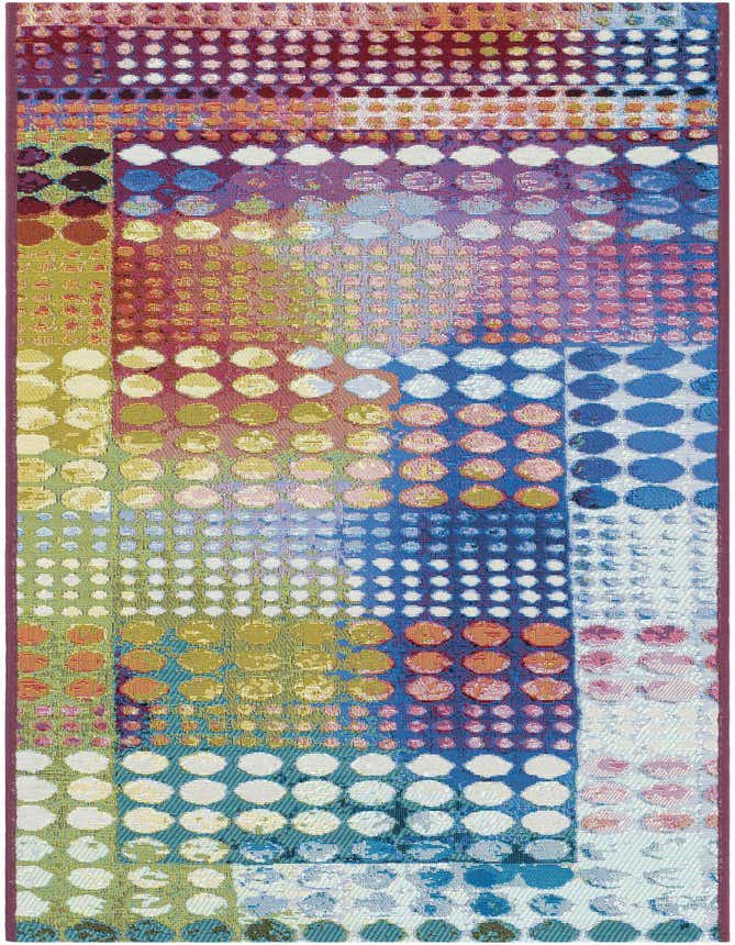 A 6 ft runner rug featuring a modern, abstract pattern of multi-colored dots and squares, ideal for a hallway or patio.