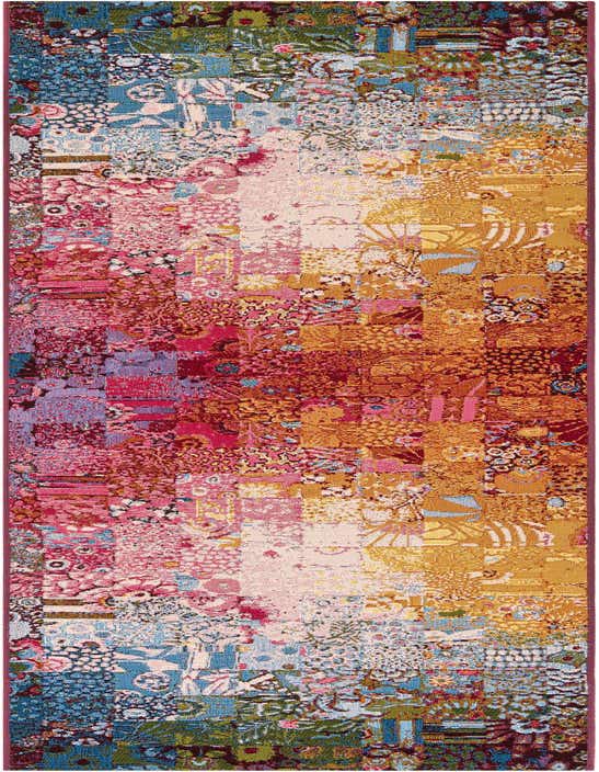 A 10 ft multi-colored modern runner rug with a vibrant patchwork design, featuring floral and abstract patterns in shades of pink, orange, blue, and green, suitable for a hallway or patio.