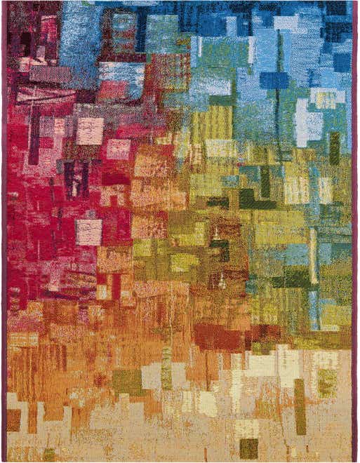 A vibrant 8 ft runner rug with an abstract, multi-colored pattern featuring shades of red, orange, yellow, green, and blue, ideal for hallways or patios.