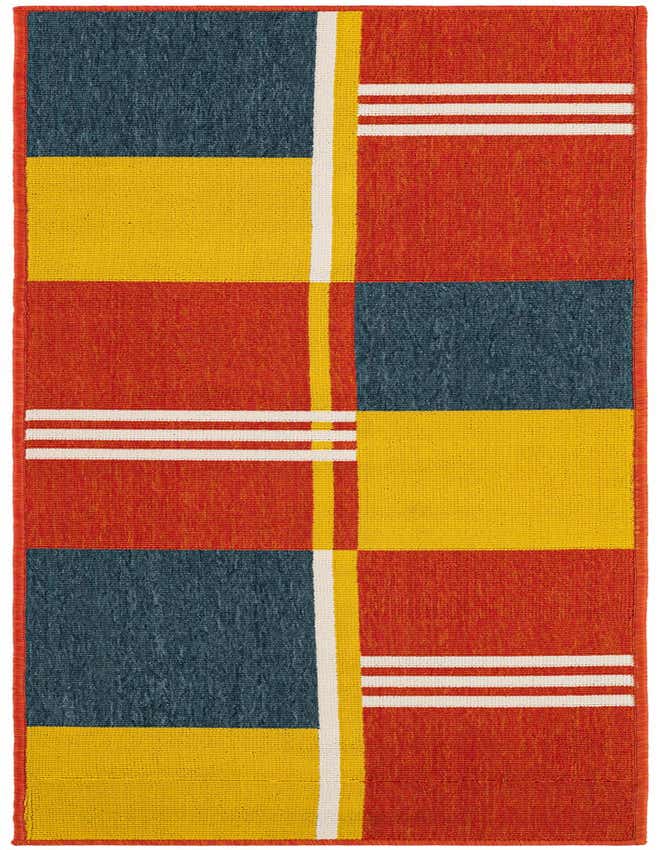A 6 ft runner rug with a modern abstract pattern in blocks of red, yellow, and blue, accented with white and yellow stripes.
