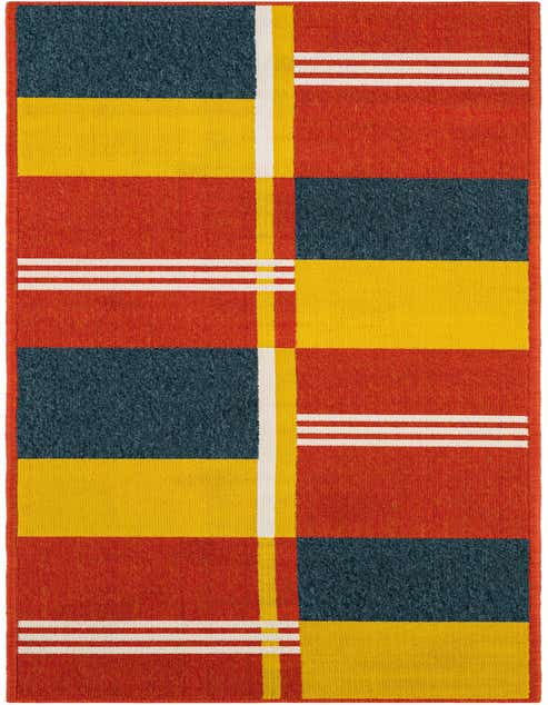 A vibrant 8 ft runner rug featuring a modern abstract pattern of red, yellow, and blue blocks with white stripes, suitable for a hallway or patio.
