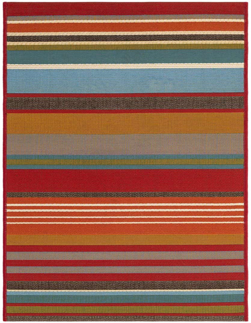 A 5 ft runner rug featuring bold horizontal stripes in various widths and colors including red, orange, blue, green, brown, and cream.