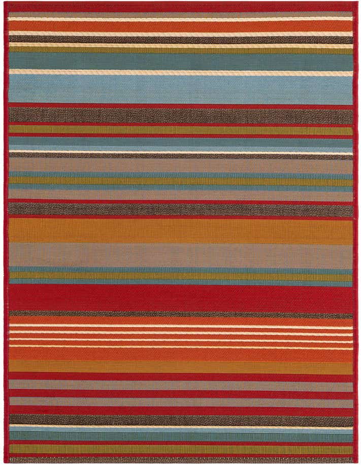 A 6 ft runner rug with a modern multi-colored stripe pattern, featuring shades of red, orange, blue, green, and brown, suitable for a hallway or patio.