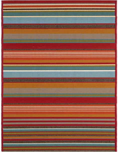 A multi-colored striped runner rug, 8 ft long, featuring bold red, blue, orange, and brown bands, suitable for a hallway or patio.