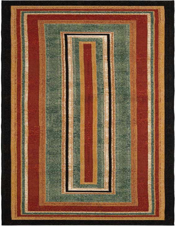 A 10 ft runner rug featuring a modern multi-colored striped pattern in red, green, gold, black, and white.