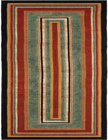 A 12 ft multi-colored runner rug with a modern abstract striped pattern in red, green, gold, and black, suitable for a hallway or patio.