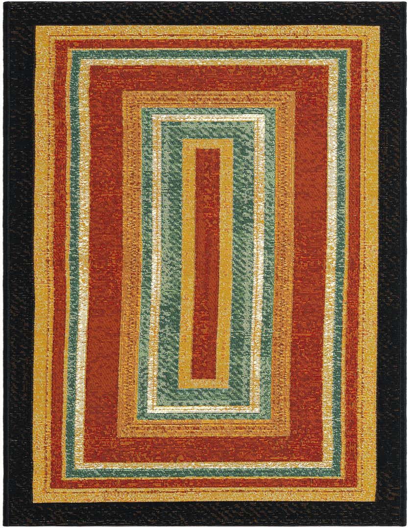 A 5 Ft runner rug featuring a modern, abstract pattern of concentric rectangles in multi-colored stripes, including black, gold, rust, and teal.