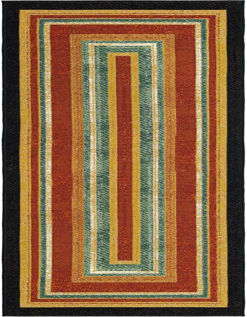 A multi-colored 8 ft runner rug with a modern striped pattern in shades of rust, gold, teal, and black.