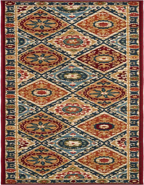A 10 ft runner rug with a multi-colored modern pattern, featuring diamonds and medallions in blue, red, orange, and gold, suitable for a hallway or patio.