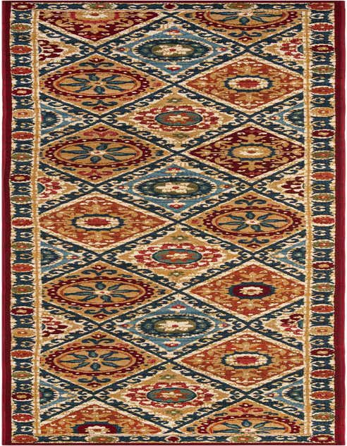 A 12 ft multi-colored modern runner rug with a vibrant geometric pattern, ideal for a hallway or patio.