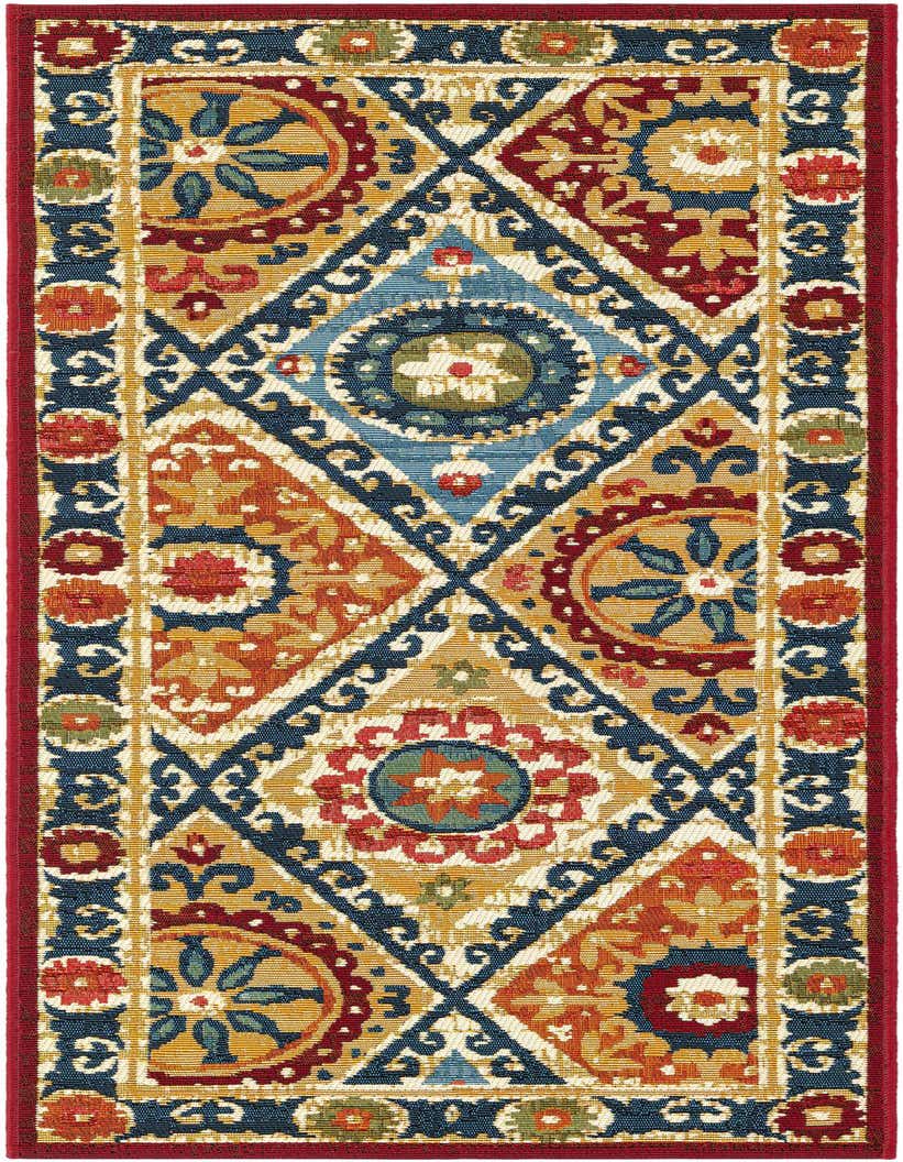 A 5 ft runner rug with a vibrant multi-colored modern pattern, featuring geometric diamonds and floral motifs in red, blue, gold, and orange, with a deep red border.