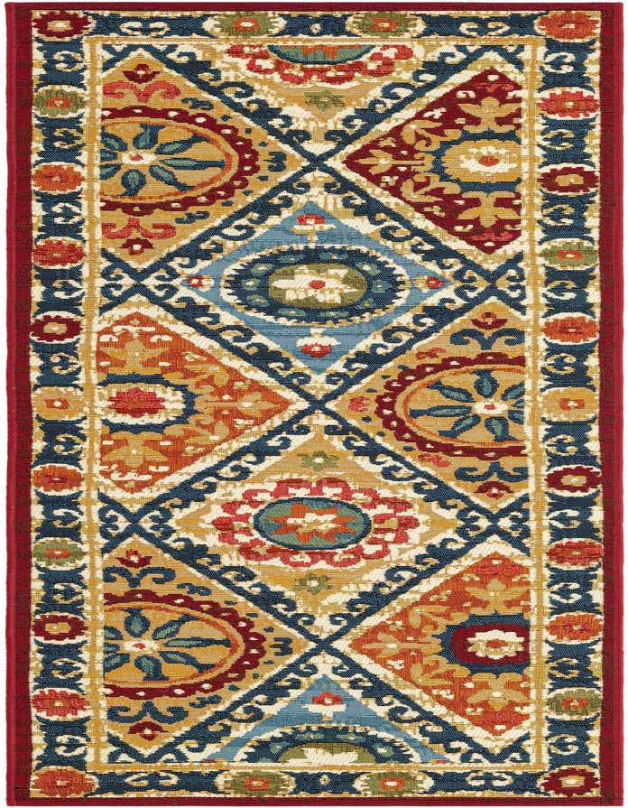A 6 ft runner rug with a vibrant, multi-colored modern pattern featuring diamonds and medallions in blue, red, orange, and gold, framed by a red border.