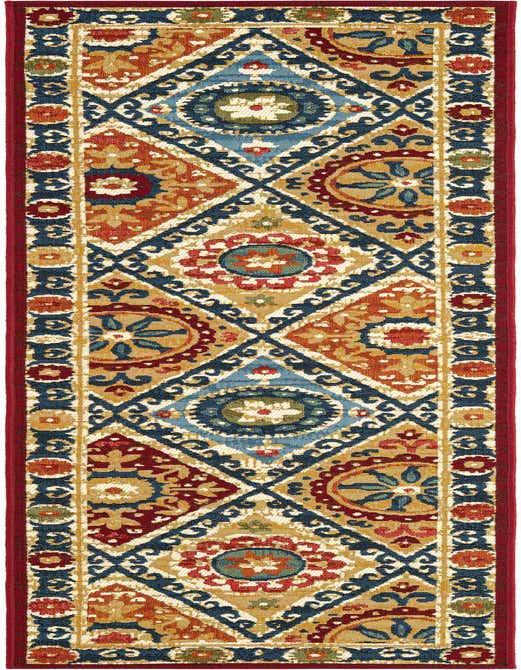 A vibrant multi-colored 8 ft runner rug with a modern geometric pattern featuring diamonds and medallions in blue, red, gold, and cream, framed by a solid red border.