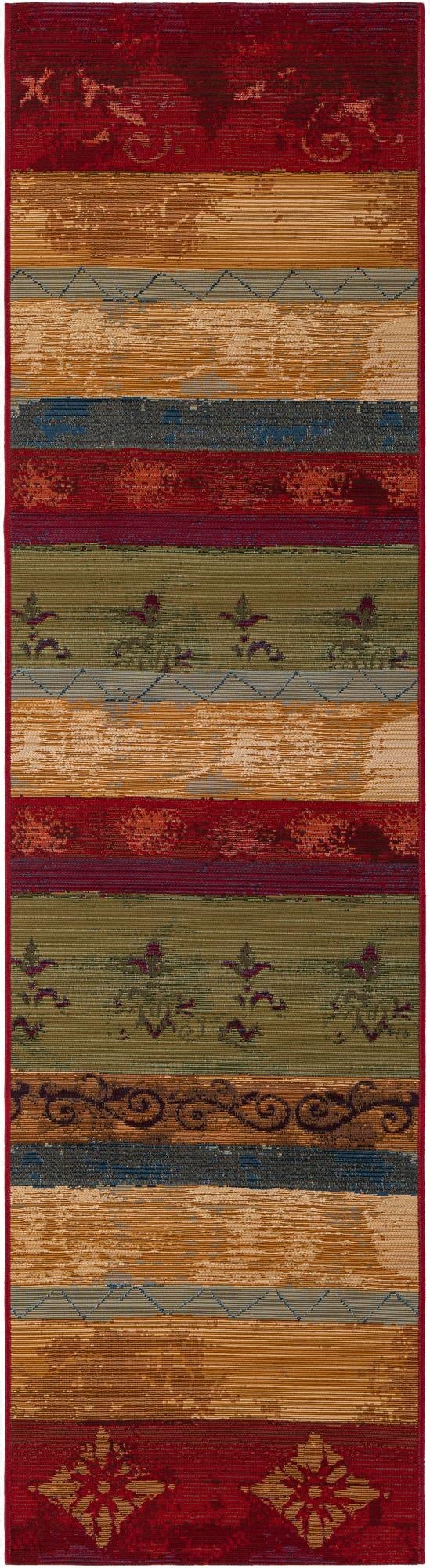 A multi-colored 8 ft runner rug with modern stripes and patterns in shades of red, gold, blue, and green, suitable for a hallway or patio.