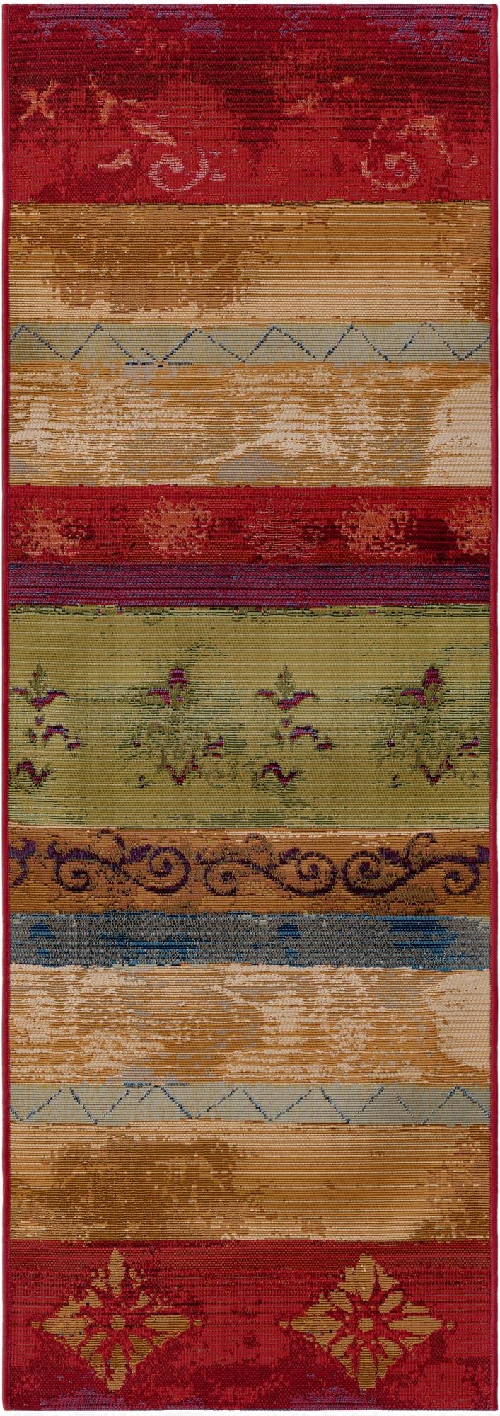 A multi-colored 6 ft runner rug featuring bohemian, botanical, modern, and stripe patterns, ideal for a hallway or patio.
