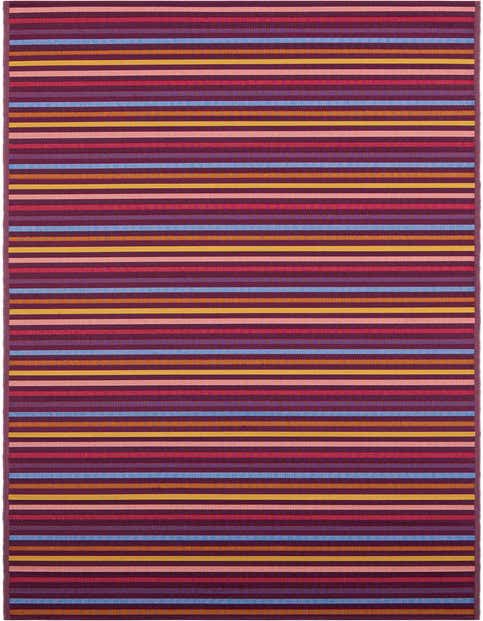 A 12 ft runner rug featuring bold horizontal stripes in multi-colors including purple, blue, red, pink, orange, and yellow.