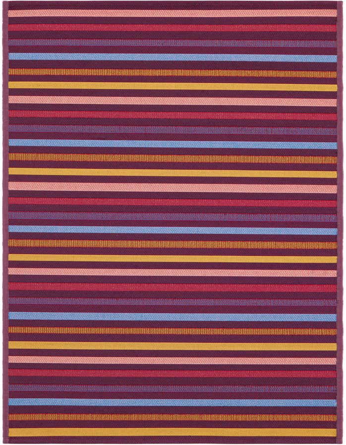 A 6 ft runner rug featuring a modern stripe pattern with various horizontal bands in shades of maroon, pink, red, blue, and yellow.
