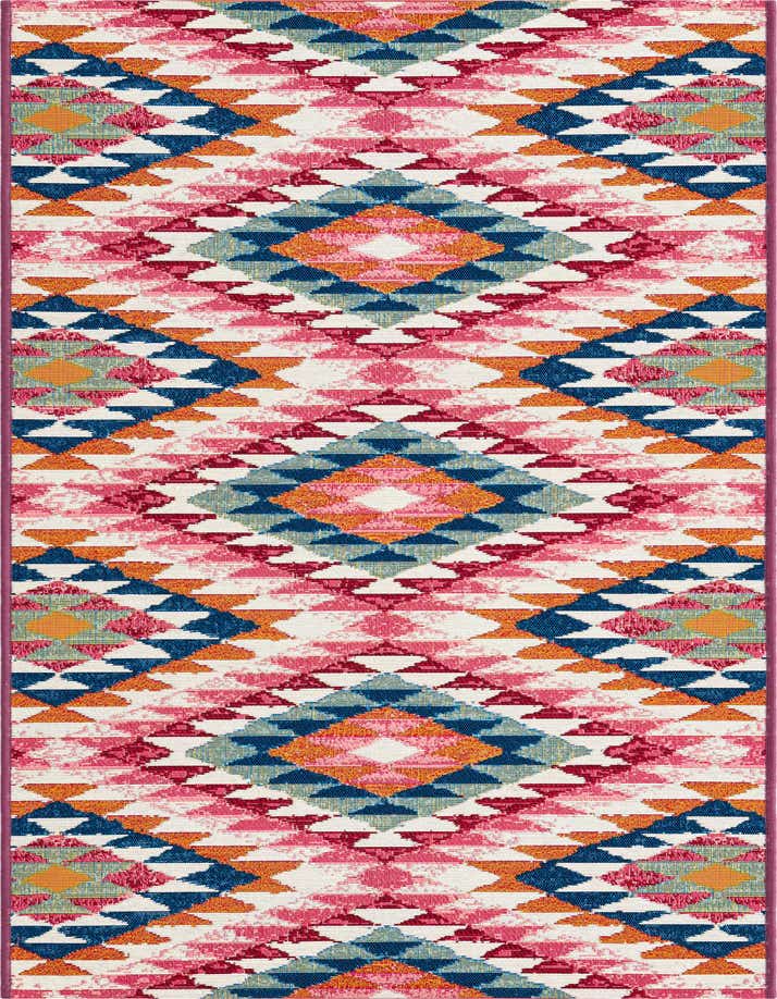 A multi-colored 6 ft runner rug with a vibrant Southwestern geometric pattern in pink, blue, orange, and white.