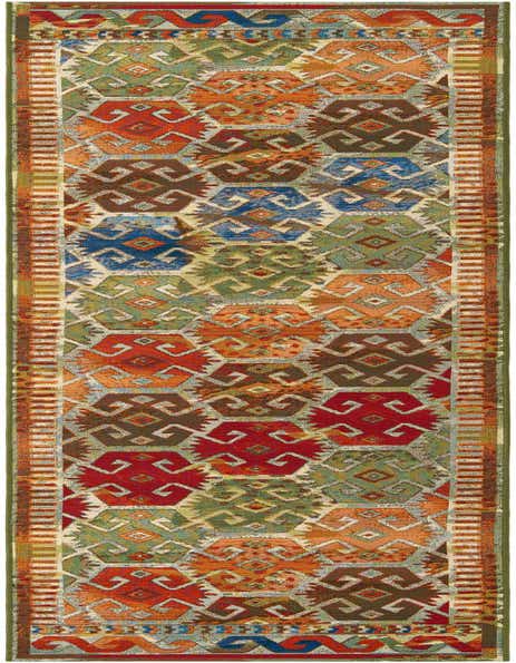 A 12 ft runner rug with a vibrant multi-colored Southwestern pattern featuring geometric shapes in red, orange, green, blue, and brown.