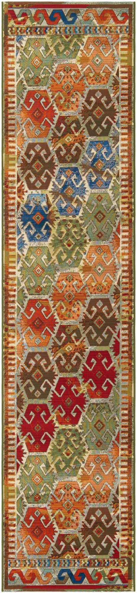 A 12 ft runner rug with a vibrant multi-colored Southwestern pattern featuring geometric shapes in red, orange, green, blue, and brown.