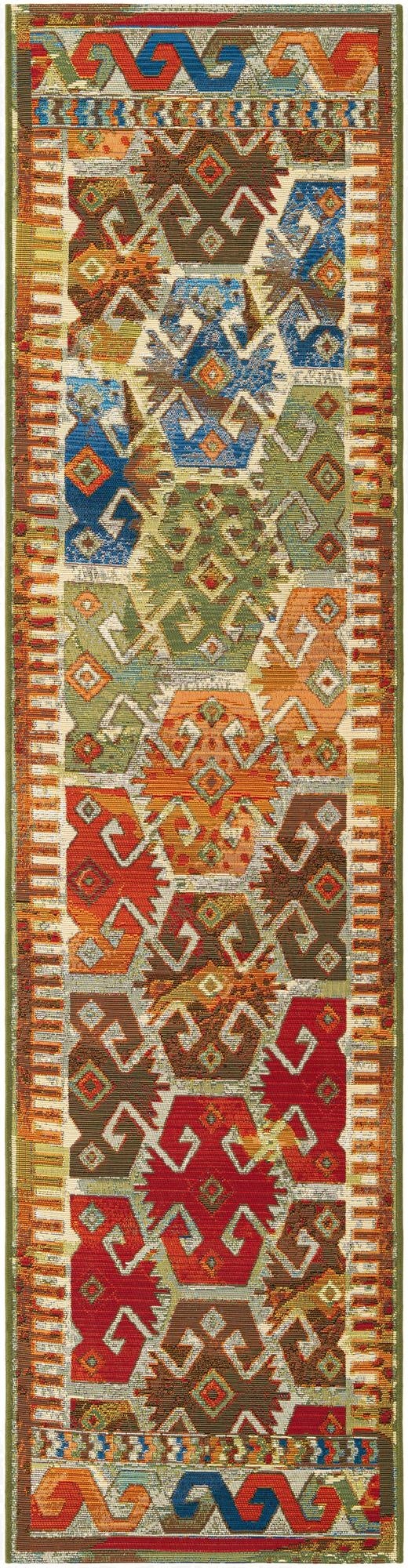 A vibrant 8 ft runner rug with a multi-colored Southwestern geometric pattern, featuring shades of red, blue, green, and orange, ideal for a hallway or patio.