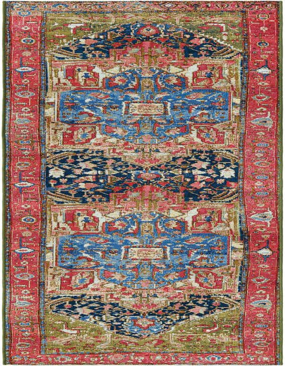A 10 ft multi-colored Oriental runner rug with a medallion pattern and red border, ideal for hallways or patios.