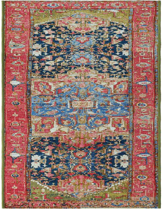 A vibrant 8 ft runner rug with an intricate multi-colored Oriental pattern, featuring a dominant navy blue and bright pink, bordered by olive green.