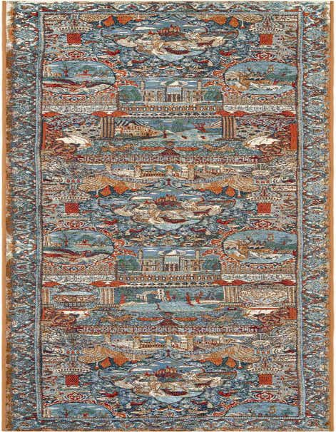 A 12 ft multi-colored runner rug with a detailed traditional pattern featuring historical scenes, animals, and architectural elements in shades of blue, orange, and cream.
