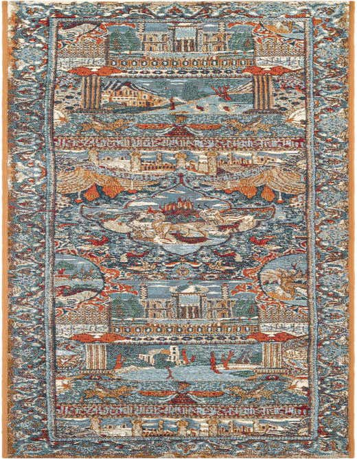 A multi-colored 8 ft runner rug with an intricate Oriental pattern featuring architectural and natural motifs, ideal for a hallway or patio.