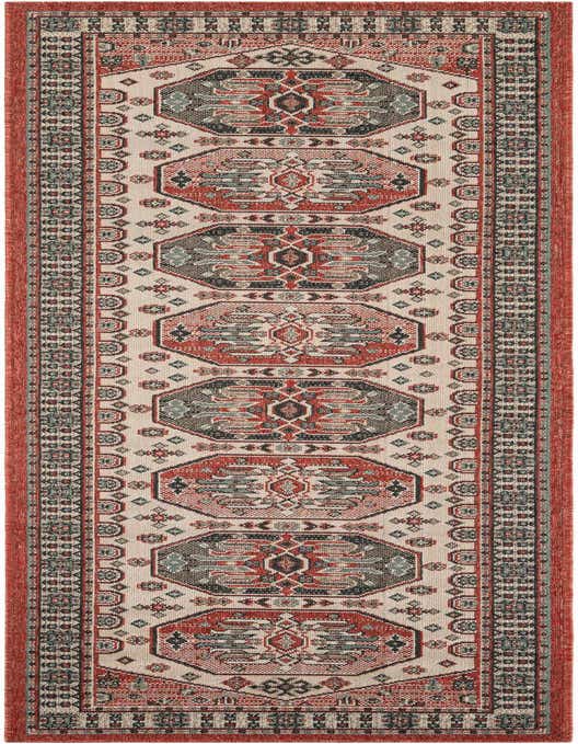 A 10 ft multi-colored runner rug with an Oriental and Traditional pattern, featuring red, black, and cream tones, ideal for a hallway or patio.