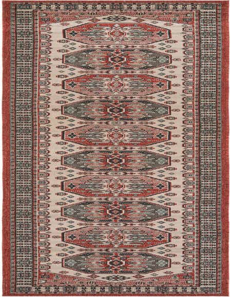 A 12 ft multi-colored runner rug with an Oriental and Traditional pattern, featuring shades of red, black, and cream, ideal for a hallway or patio.