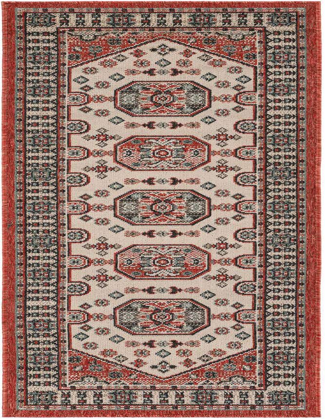 A 6 ft runner rug with a multi-colored Oriental medallion pattern on a light background, featuring red, black, and teal accents.