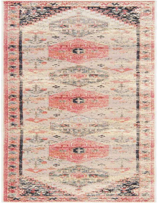 A 10 ft multi-colored runner rug with a distressed traditional medallion pattern in pink, black, and beige, ideal for hallways or patios.