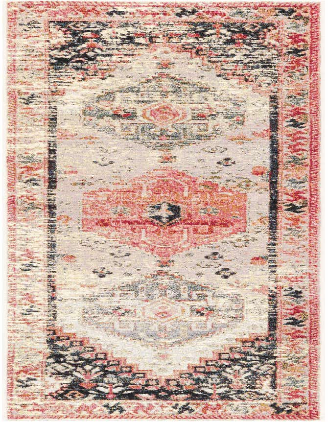 A multi-colored 6 ft runner rug with a distressed traditional medallion pattern in pink, black, and cream, suitable for hallways or patios.