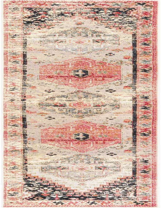 A multi-colored 8 ft runner rug with a distressed traditional pattern in shades of red, black, and beige, suitable for a hallway or kitchen.