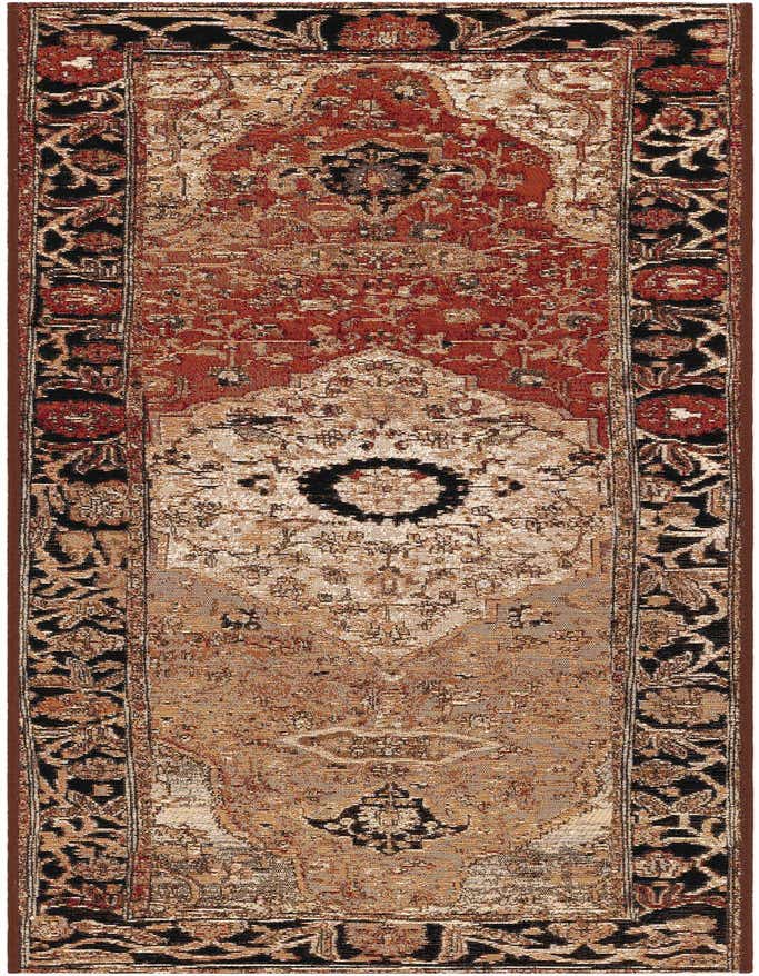 A 6 ft runner rug featuring a multi-colored traditional medallion pattern with red, black, and beige tones, suitable for hallways or patios.