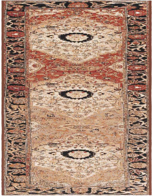 A multi-colored 8 ft runner rug with a traditional medallion pattern in shades of red, beige, and black, suitable for a hallway or kitchen.