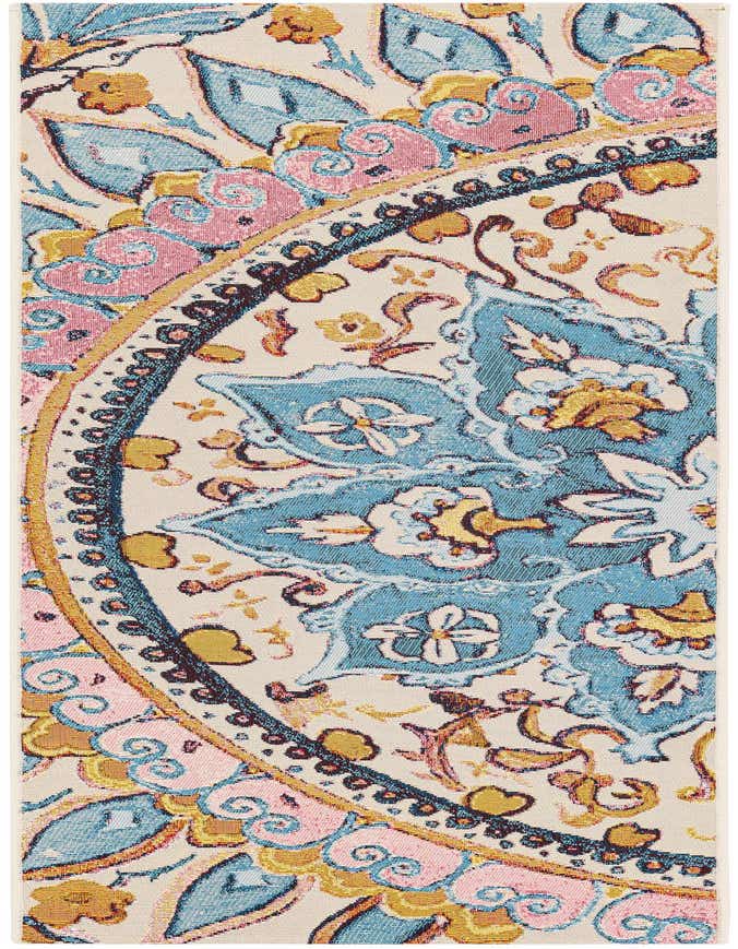 Close-up of a multi-colored runner rug featuring a traditional medallion and floral pattern in pink, blue, and gold on a cream background.