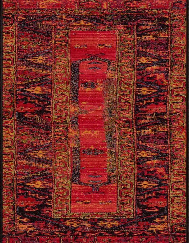 A 6 ft runner rug featuring a vibrant multi-colored tribal pattern with red, orange, black, and yellow hues, suitable for a hallway or patio.