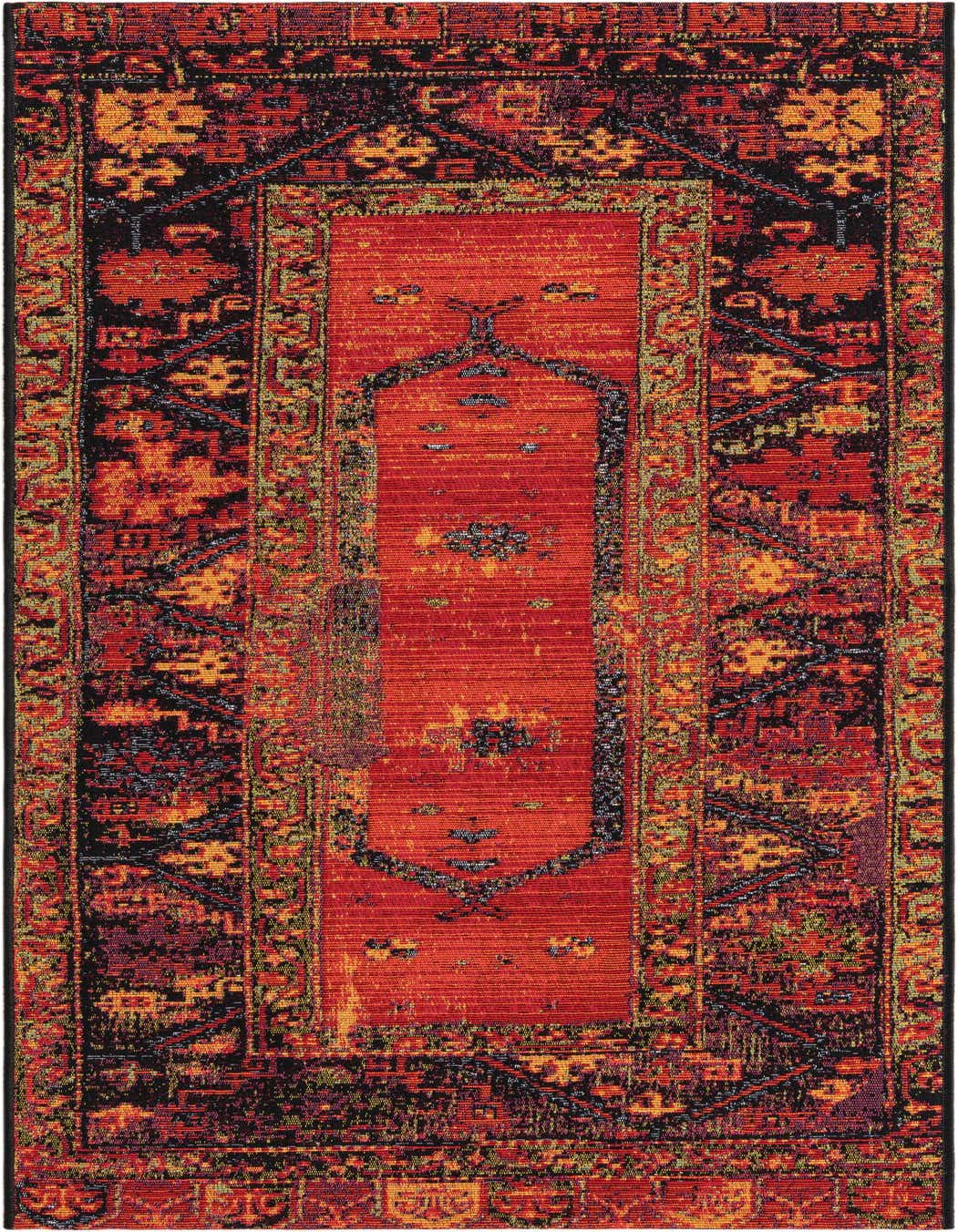 A 5 ft runner rug in a multi-colored Southwestern tribal pattern, featuring shades of red, orange, and black.