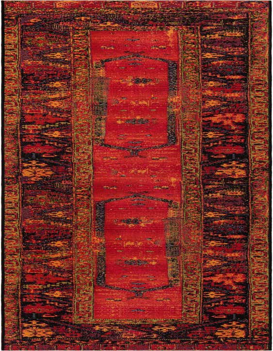 A 10 ft multi-colored runner rug with a vibrant red center and intricate black, orange, and gold tribal patterns, ideal for a hallway or patio.