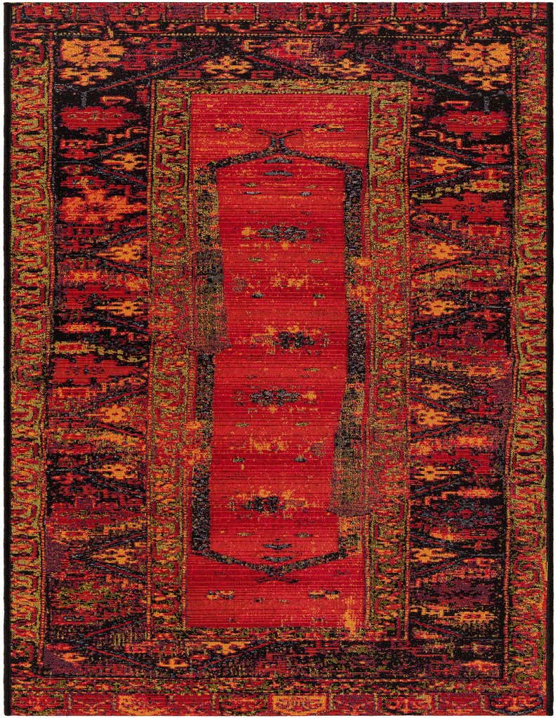 A vibrant 7 ft runner rug featuring a multi-colored Oriental and tribal pattern with a dominant red center and black, orange, and green accents.