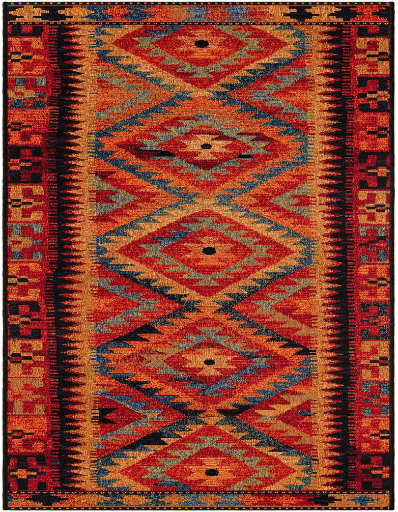 A vibrant 7 ft multi-colored runner rug with geometric tribal patterns, ideal for a hallway or patio.